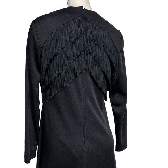 VINTAGE Long Sleeve Black Fringe Evening Gown Cocktail Dress Size 4-6 Medium - Picture 9 of 16